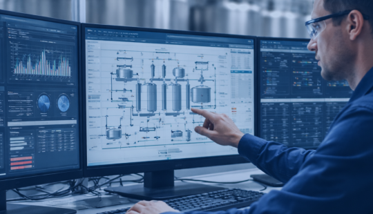 Engineer monitoring and adjusting an industrial batch system on a modern HMI dashboard with multiple data screens in a control room