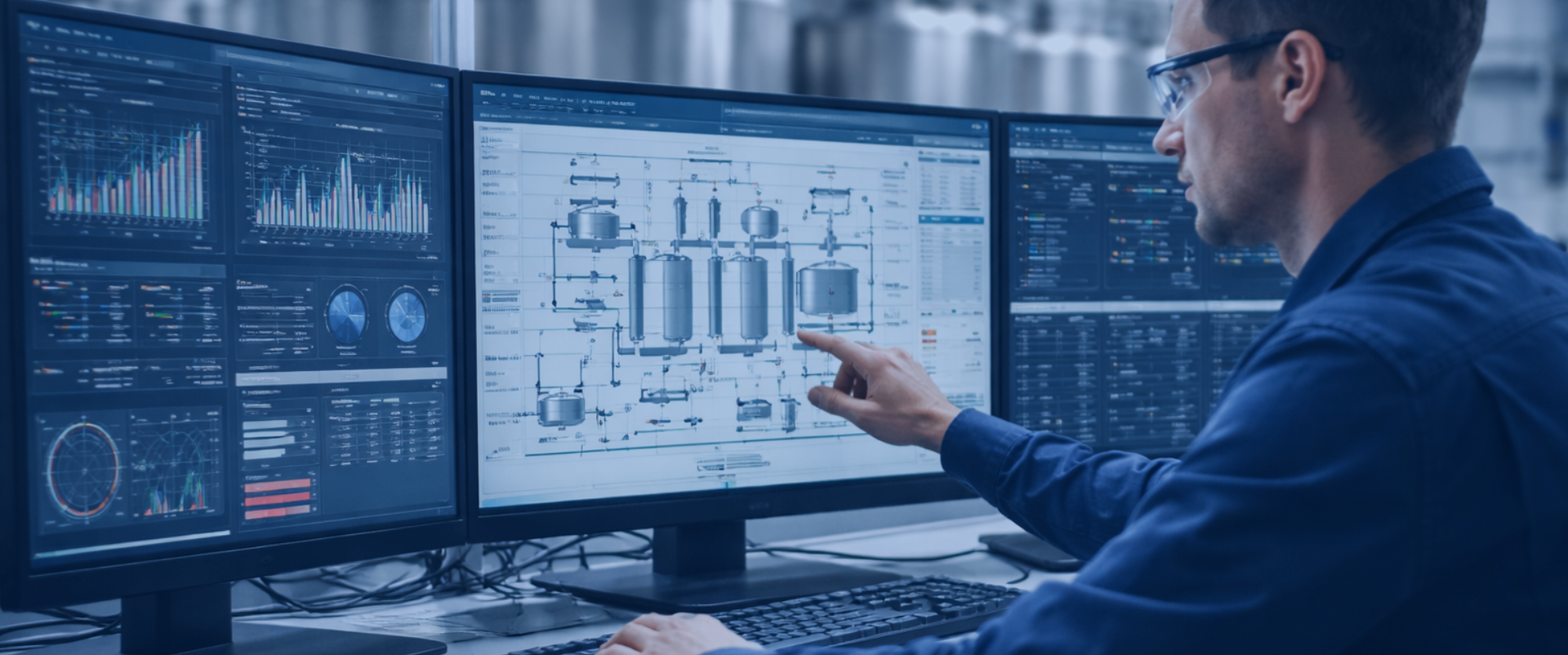 Engineer monitoring and adjusting an industrial batch system on a modern HMI dashboard with multiple data screens in a control room
